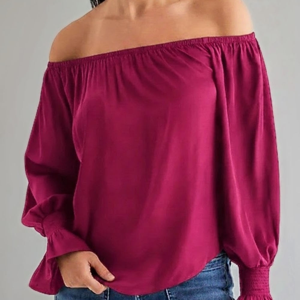 NWT Express Satin Off The Shoulder Smocked Cuff Top XS Magenta, Pink, Purple